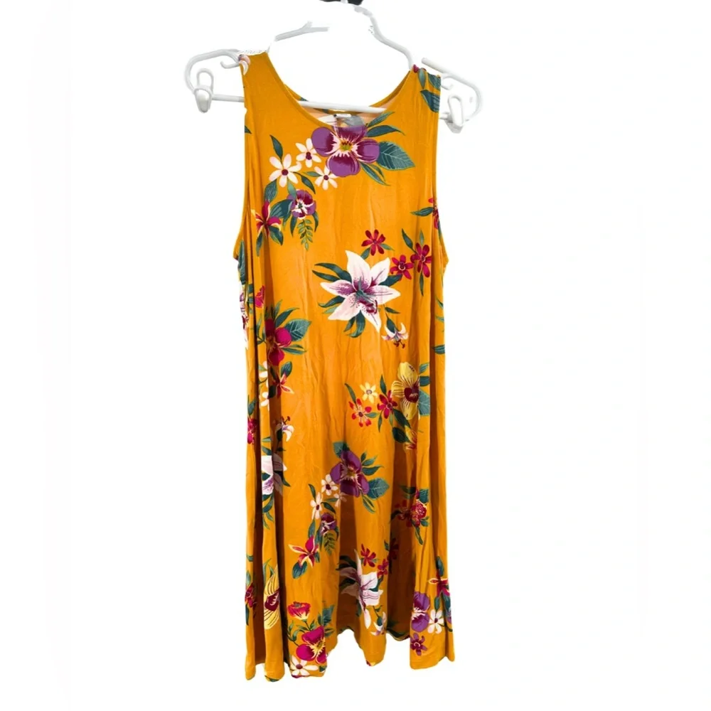 Old Navy Floral Mini swing Dress Yellow Purple L floral viscose tropical summer - Picture 2 of 11